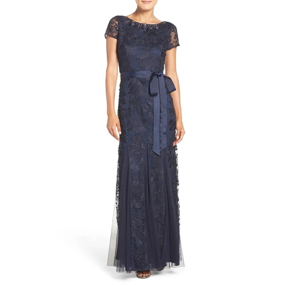 Adrianna Papell Lace Gown Navy Jewel Embellished Sz14 MOB Gala Modest Formal